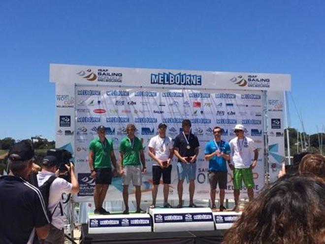 Joel Turner and Lewis Break on the podium at Sail Melbourne, Second place © Bronwen Hemmings